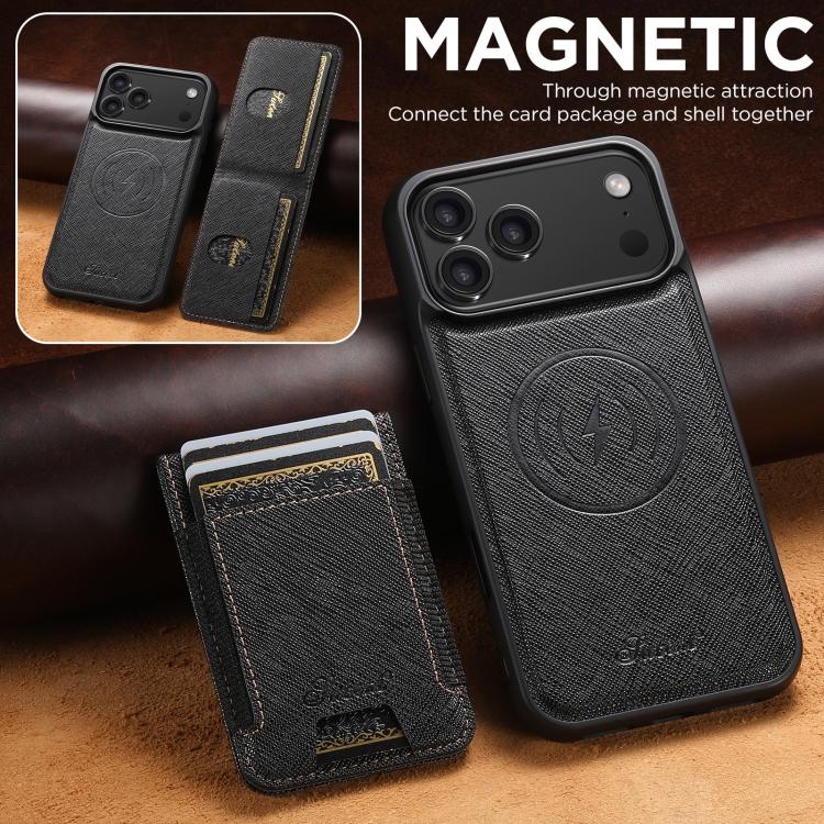 For iPhone 17 Pro Suteni H17 Cross Grain Leather MagSafe Detachable Wallet Phone Case(Black) - iPhone 17 Pro Cases by Suteni | Online Shopping UK | buy2fix