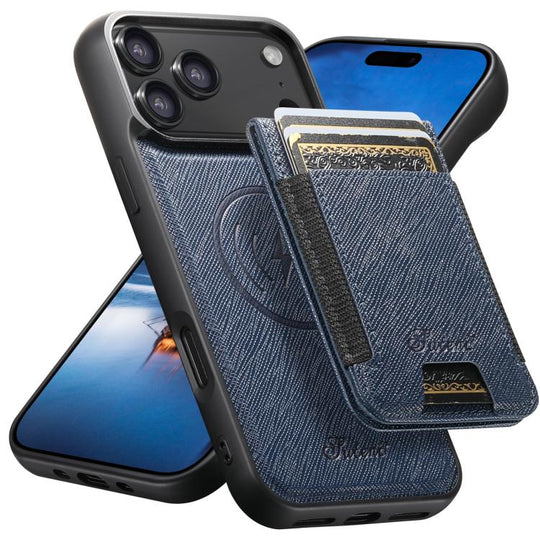 For iPhone 17 Pro Suteni H17 Cross Grain Leather MagSafe Detachable Wallet Phone Case(Blue)