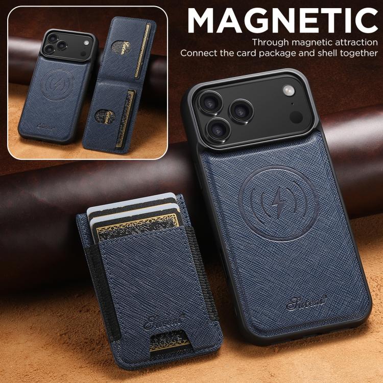 For iPhone 17 Pro Suteni H17 Cross Grain Leather MagSafe Detachable Wallet Phone Case(Blue) - iPhone 17 Pro Cases by Suteni | Online Shopping UK | buy2fix