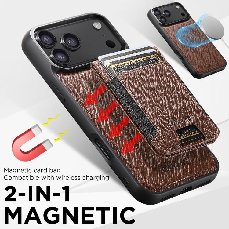 For iPhone 17 Suteni H17 Cross Grain Leather MagSafe Detachable Wallet Phone Case(Brown) - iPhone 17 Cases by Suteni | Online Shopping UK | buy2fix