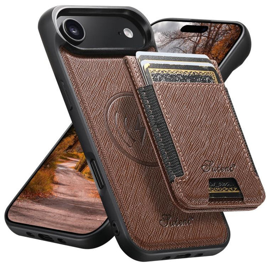 For iPhone 17 Air Suteni H17 Cross Grain Leather MagSafe Detachable Wallet Phone Case(Brown) - iPhone 17 Air Cases by Suteni | Online Shopping UK | buy2fix