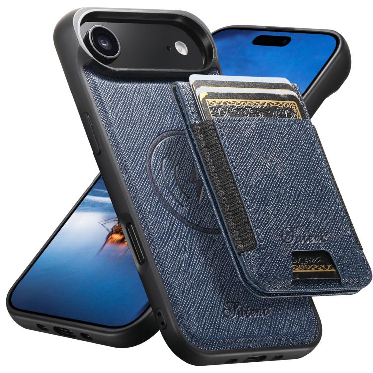 For iPhone 17 Air Suteni H17 Cross Grain Leather MagSafe Detachable Wallet Phone Case(Blue) - iPhone 17 Air Cases by Suteni | Online Shopping UK | buy2fix