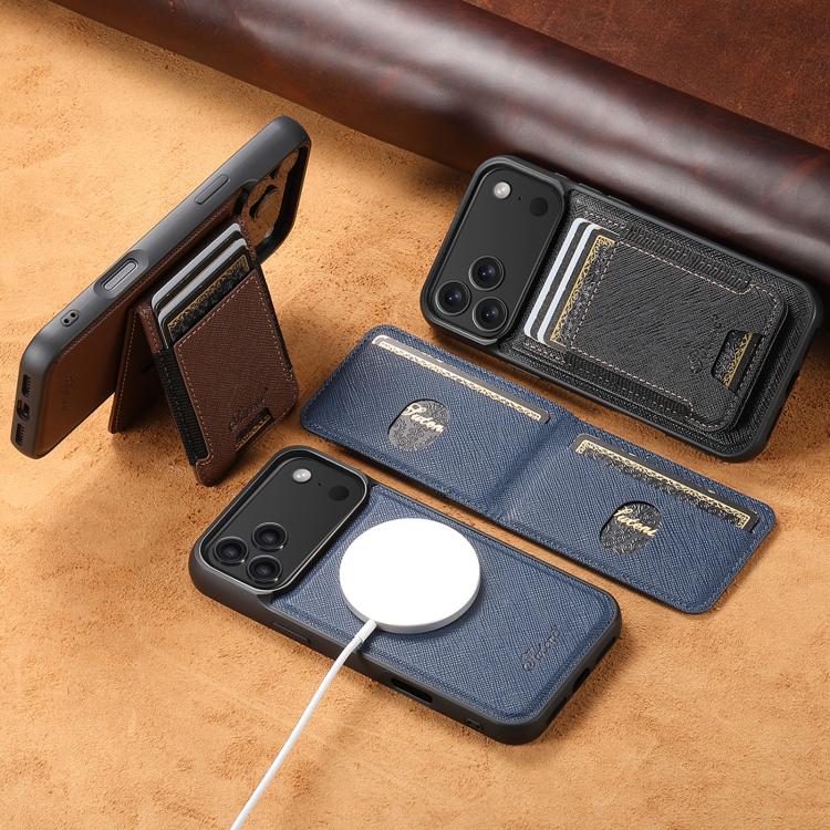 For iPhone 14 Pro Suteni H17 Cross Grain Leather MagSafe Detachable Wallet Phone Case(Brown) by Suteni