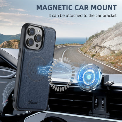 For iPhone 16 Pro Max Suteni H18 Cross Grain MagSafe Wallet Leather Phone Case(Blue) by Suteni