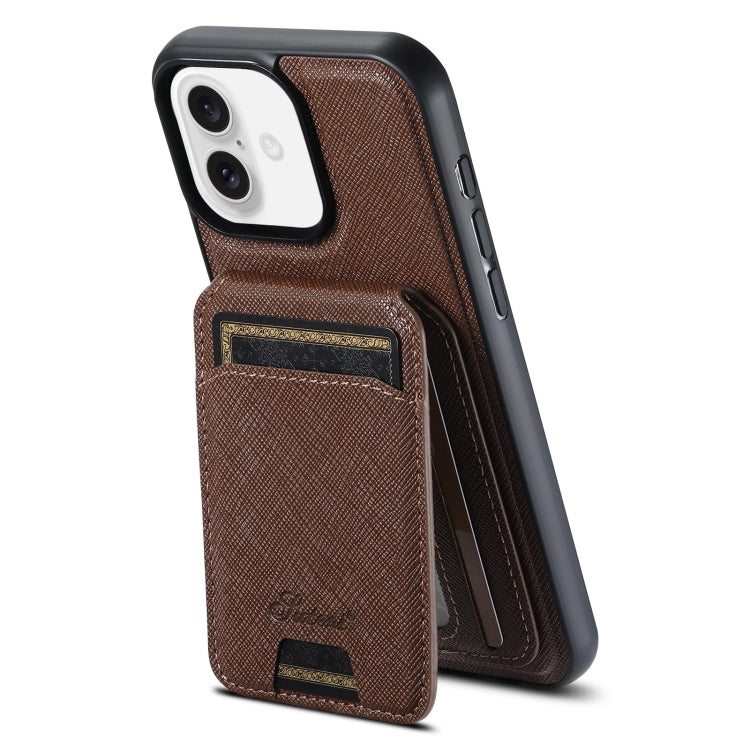 For iPhone 16 Plus Suteni H18 Cross Grain MagSafe Wallet Leather Phone Case(Brown) - iPhone 16 Plus Cases by Suteni | Online Shopping UK | buy2fix