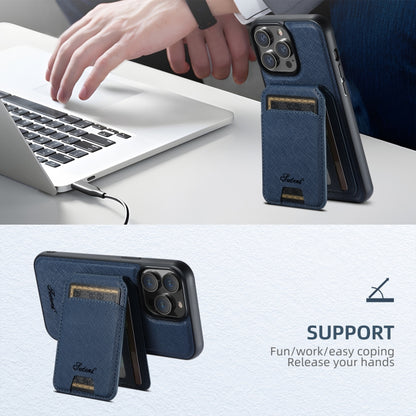 For iPhone 16 Pro Suteni H18 Cross Grain MagSafe Wallet Leather Phone Case(Blue) by Suteni