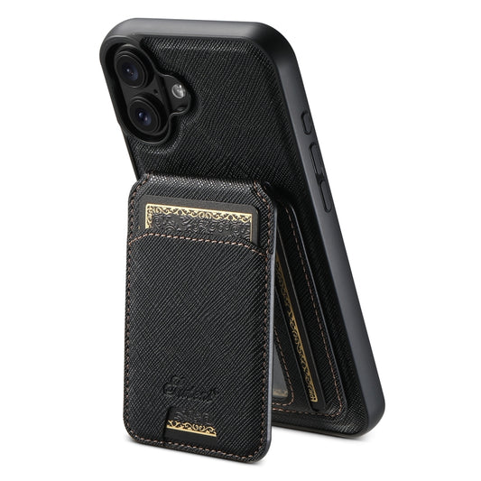 For iPhone 16 Suteni H18 Cross Grain MagSafe Wallet Leather Phone Case(Black) by Suteni