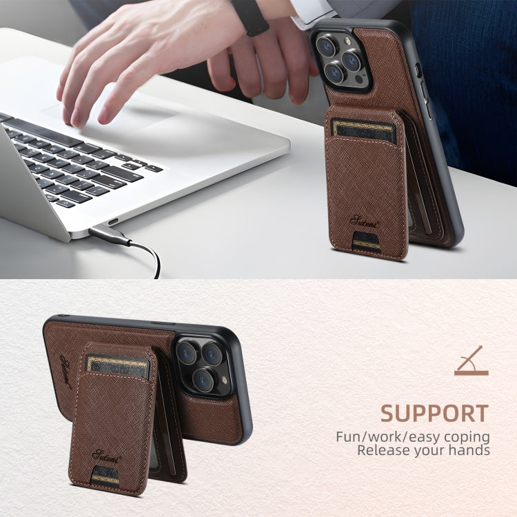 For iPhone 16 Suteni H18 Cross Grain MagSafe Wallet Leather Phone Case(Brown) - iPhone 16 Cases by Suteni | Online Shopping UK | buy2fix