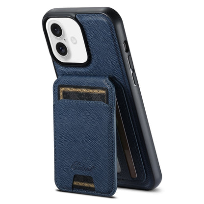 For iPhone 16 Suteni H18 Cross Grain MagSafe Wallet Leather Phone Case(Blue) - iPhone 16 Cases by Suteni | Online Shopping UK | buy2fix