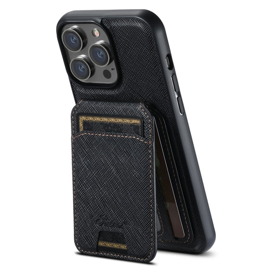 For iPhone 15 Pro Max Suteni H18 Cross Grain MagSafe Wallet Leather Phone Case(Black) by Suteni