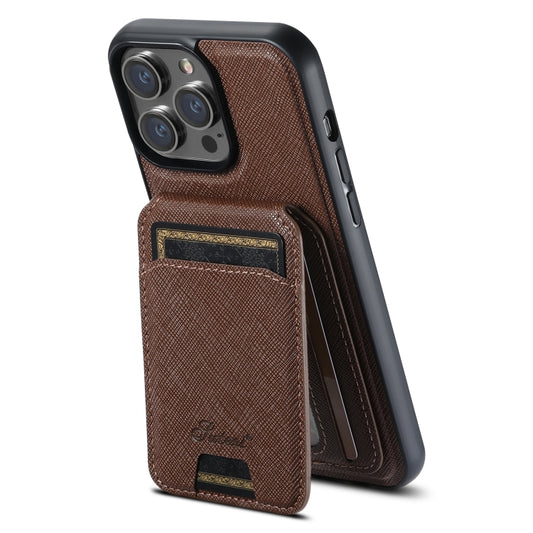 For iPhone 15 Pro Max Suteni H18 Cross Grain MagSafe Wallet Leather Phone Case(Brown) by Suteni