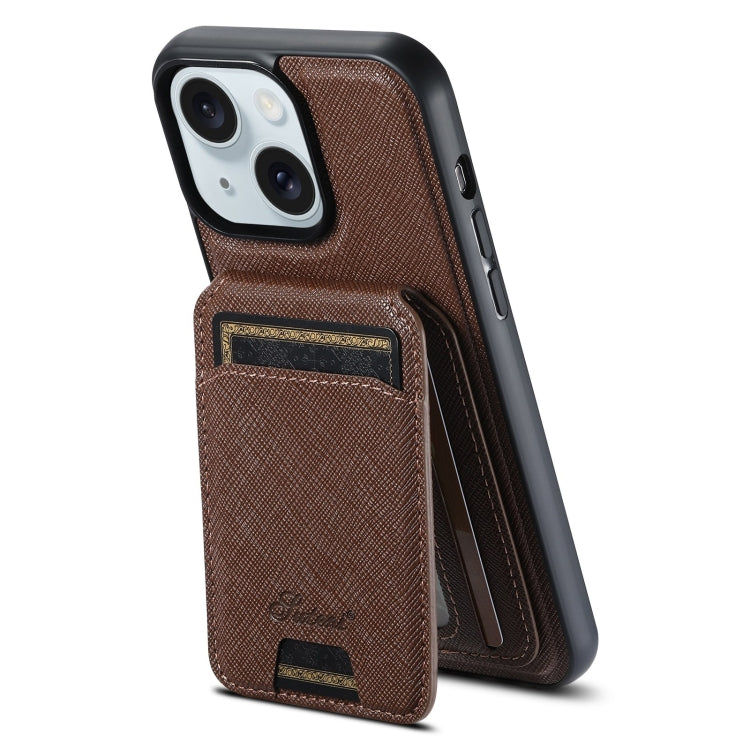 For iPhone 15 Plus Suteni H18 Cross Grain MagSafe Wallet Leather Phone Case(Brown) - iPhone 15 Plus Cases by Suteni | Online Shopping UK | buy2fix