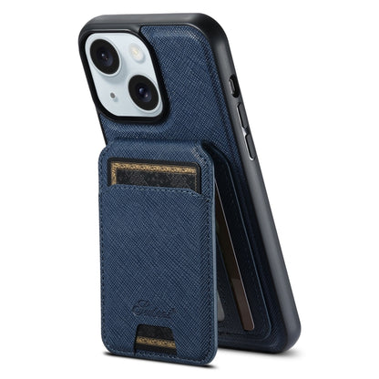 For iPhone 15 Plus Suteni H18 Cross Grain MagSafe Wallet Leather Phone Case(Blue) by Suteni
