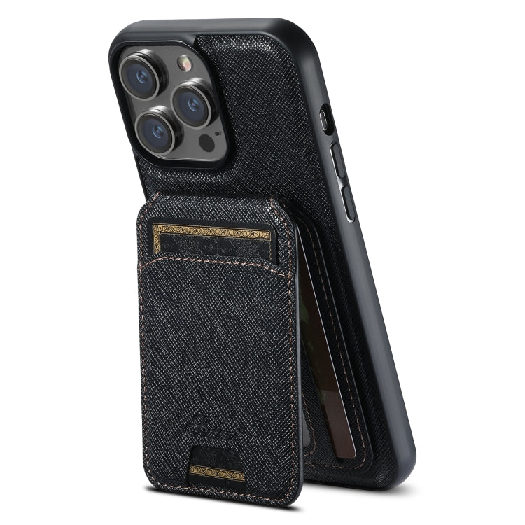 For iPhone 15 Pro Suteni H18 Cross Grain MagSafe Wallet Leather Phone Case(Black) by Suteni