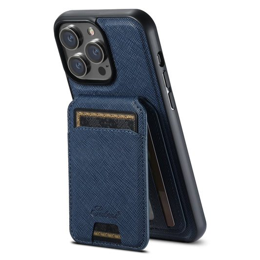 For iPhone 15 Pro Suteni H18 Cross Grain MagSafe Wallet Leather Phone Case(Blue) by Suteni