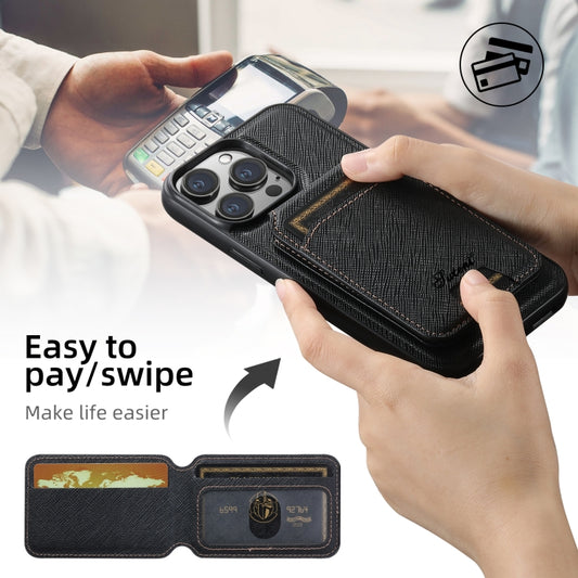 For iPhone 15 Suteni H18 Cross Grain MagSafe Wallet Leather Phone Case(Black) by Suteni