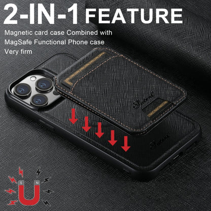 For iPhone 14 Pro Max Suteni H18 Cross Grain MagSafe Wallet Leather Phone Case(Black) by Suteni