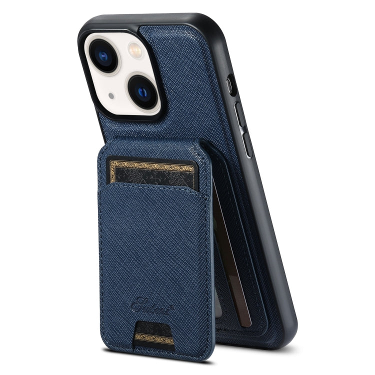 For iPhone 14 Plus Suteni H18 Cross Grain MagSafe Wallet Leather Phone Case(Blue) by Suteni