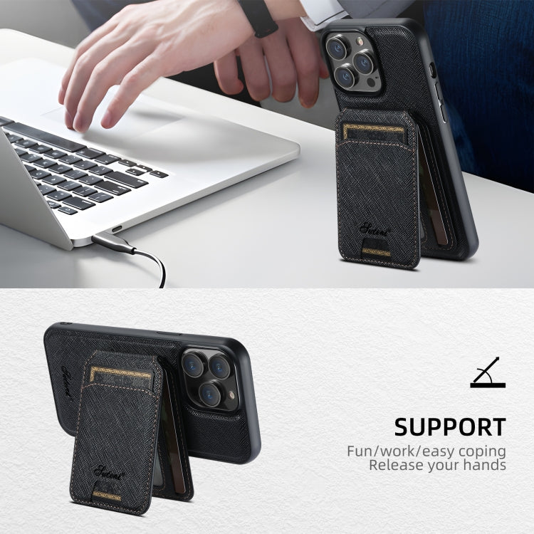 For iPhone 14 Pro Suteni H18 Cross Grain MagSafe Wallet Leather Phone Case(Black) by Suteni