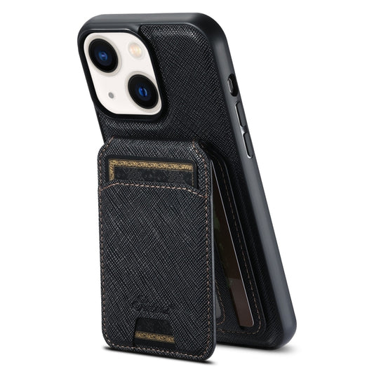 For iPhone 14 Suteni H18 Cross Grain MagSafe Wallet Leather Phone Case(Black) - iPhone 14 Cases by Suteni | Online Shopping UK | buy2fix