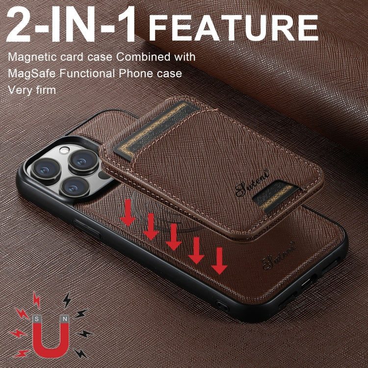 For iPhone 13 Pro Max Suteni H18 Cross Grain MagSafe Wallet Leather Phone Case(Brown) by Suteni
