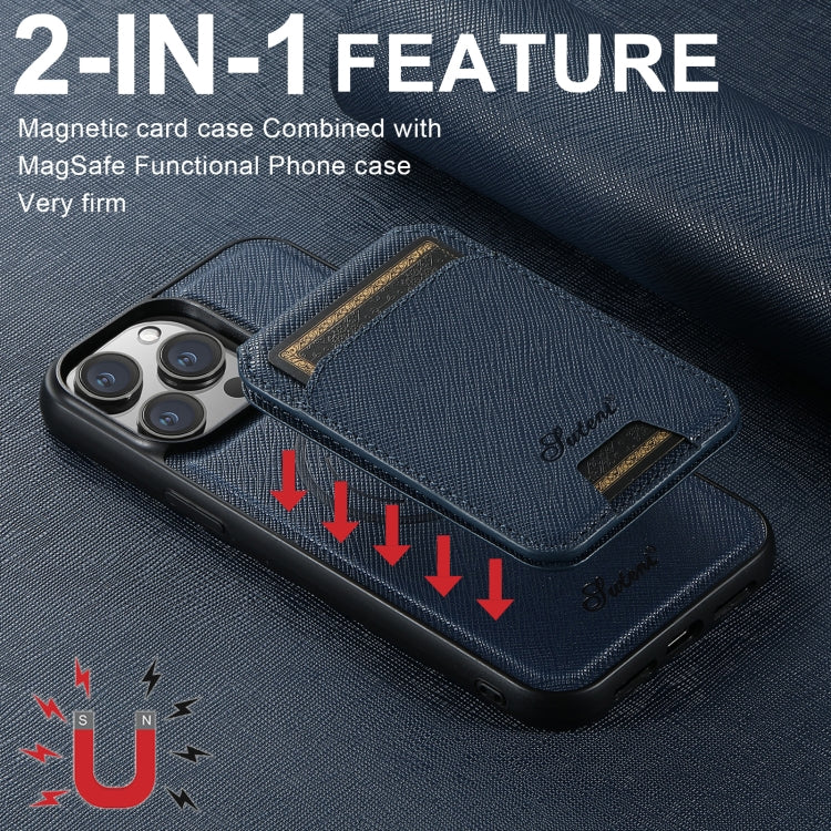 For iPhone 13 Suteni H18 Cross Grain MagSafe Wallet Leather Phone Case(Blue) by Suteni
