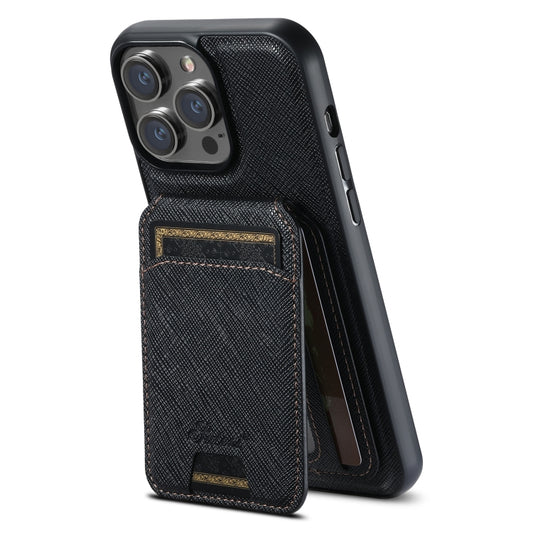 For iPhone 12 Pro Max Suteni H18 Cross Grain MagSafe Wallet Leather Phone Case(Black) - iPhone 12 Pro Max Cases by Suteni | Online Shopping UK | buy2fix