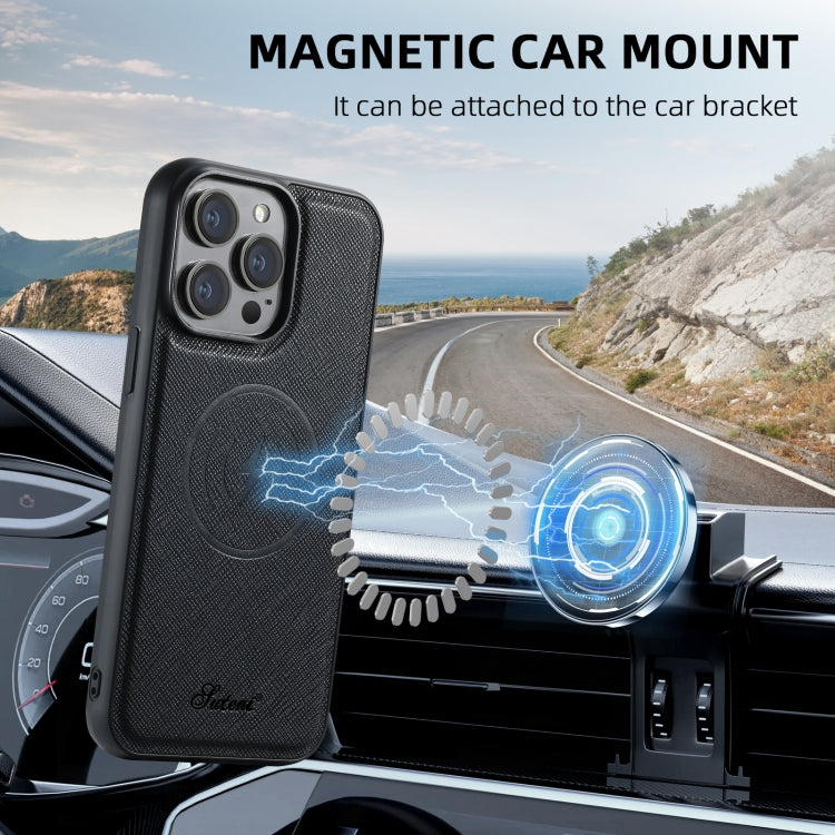 For iPhone 12 Pro Suteni H18 Cross Grain MagSafe Wallet Leather Phone Case(Black) by Suteni