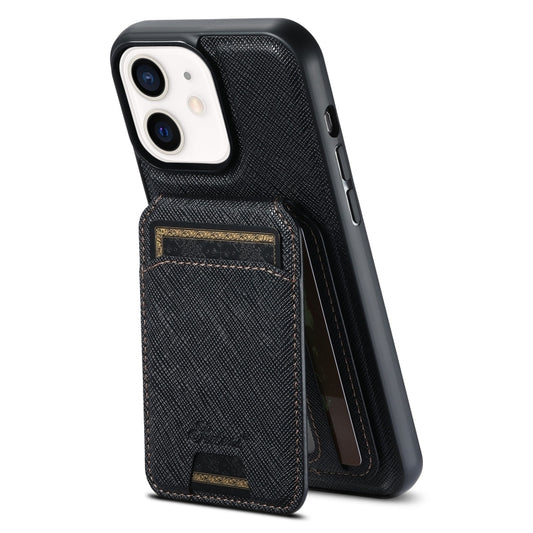 For iPhone 12 Suteni H18 Cross Grain MagSafe Wallet Leather Phone Case(Black) by Suteni