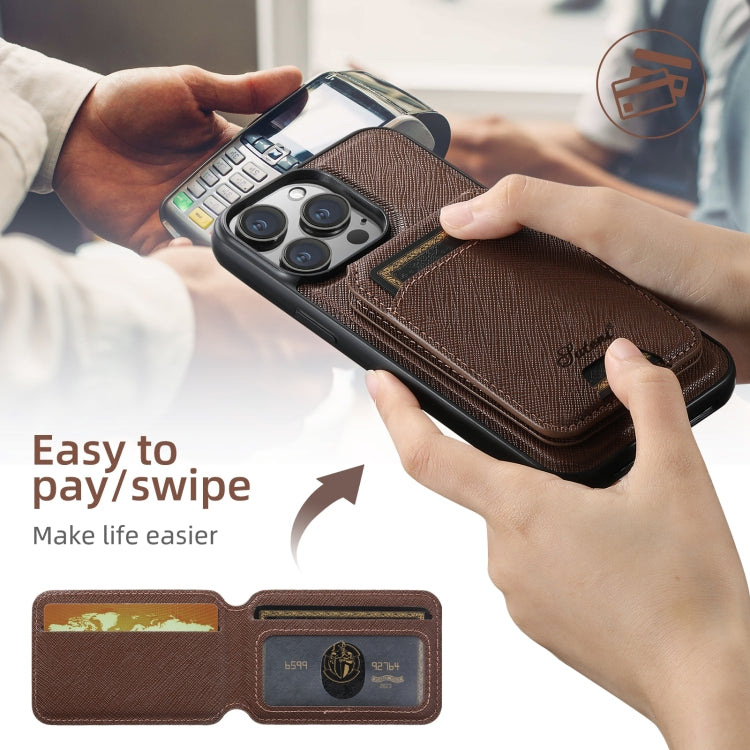 For iPhone 12 Suteni H18 Cross Grain MagSafe Wallet Leather Phone Case(Brown) by Suteni