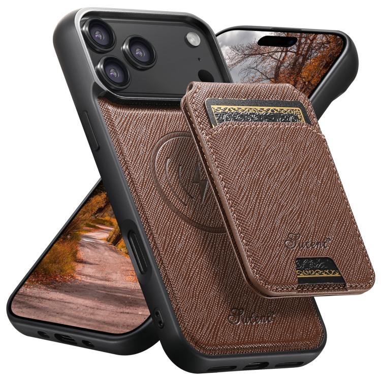 For iPhone 17 Pro Max Suteni H18 Cross Grain MagSafe Wallet Leather Phone Case(Brown) - iPhone 17 Pro Max Cases by Suteni | Online Shopping UK | buy2fix