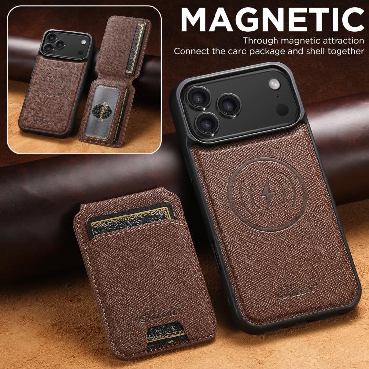 For iPhone 17 Pro Max Suteni H18 Cross Grain MagSafe Wallet Leather Phone Case(Brown) - iPhone 17 Pro Max Cases by Suteni | Online Shopping UK | buy2fix