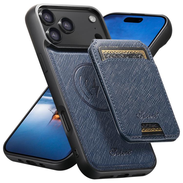 For iPhone 17 Pro Max Suteni H18 Cross Grain MagSafe Wallet Leather Phone Case(Blue) - iPhone 17 Pro Max Cases by Suteni | Online Shopping UK | buy2fix