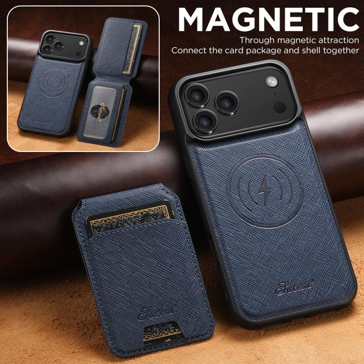 For iPhone 17 Pro Max Suteni H18 Cross Grain MagSafe Wallet Leather Phone Case(Blue) - iPhone 17 Pro Max Cases by Suteni | Online Shopping UK | buy2fix