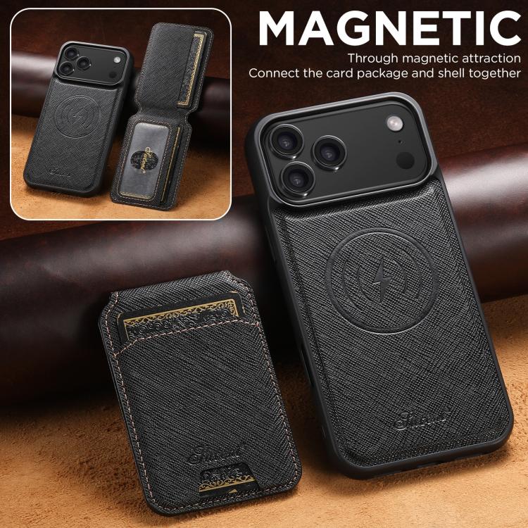 For iPhone 17 Pro Suteni H18 Cross Grain MagSafe Wallet Leather Phone Case(Black) - iPhone 17 Pro Cases by Suteni | Online Shopping UK | buy2fix