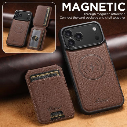 For iPhone 17 Pro Suteni H18 Cross Grain MagSafe Wallet Leather Phone Case(Brown) - iPhone 17 Pro Cases by Suteni | Online Shopping UK | buy2fix