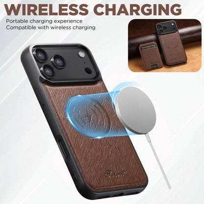 For iPhone 17 Pro Suteni H18 Cross Grain MagSafe Wallet Leather Phone Case(Brown) - iPhone 17 Pro Cases by Suteni | Online Shopping UK | buy2fix