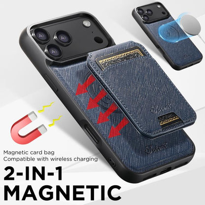 For iPhone 17 Pro Suteni H18 Cross Grain MagSafe Wallet Leather Phone Case(Blue) - iPhone 17 Pro Cases by Suteni | Online Shopping UK | buy2fix