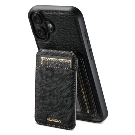 For iPhone 17 Suteni H18 Cross Grain MagSafe Wallet Leather Phone Case(Black)