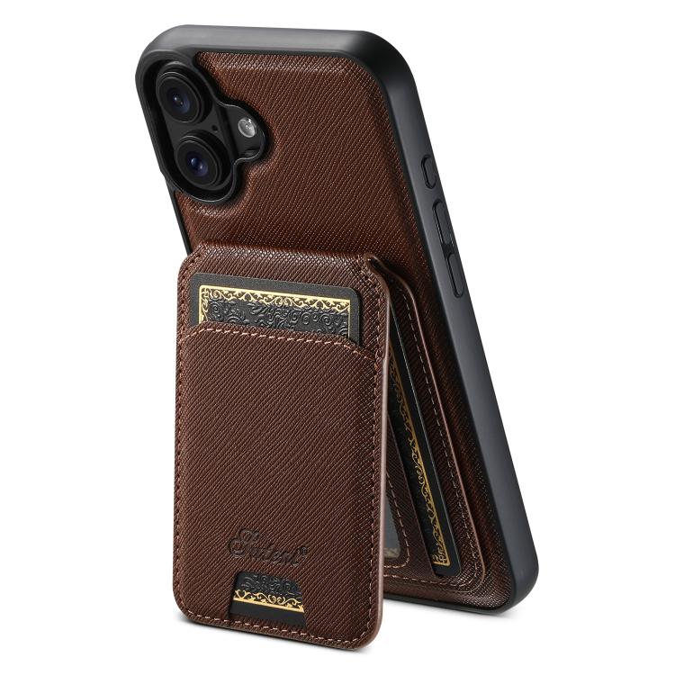 For iPhone 17 Suteni H18 Cross Grain MagSafe Wallet Leather Phone Case(Brown) - iPhone 17 Cases by Suteni | Online Shopping UK | buy2fix