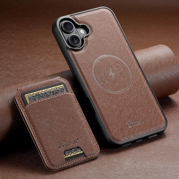 For iPhone 17 Suteni H18 Cross Grain MagSafe Wallet Leather Phone Case(Brown) - iPhone 17 Cases by Suteni | Online Shopping UK | buy2fix