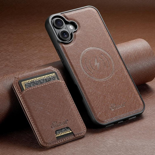 For iPhone 17 Suteni H18 Cross Grain MagSafe Wallet Leather Phone Case(Brown) - iPhone 17 Cases by Suteni | Online Shopping UK | buy2fix