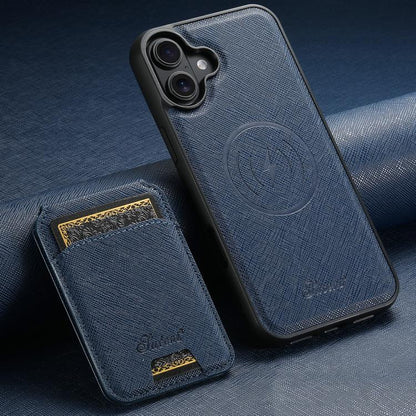 For iPhone 17 Suteni H18 Cross Grain MagSafe Wallet Leather Phone Case(Blue) - iPhone 17 Cases by Suteni | Online Shopping UK | buy2fix