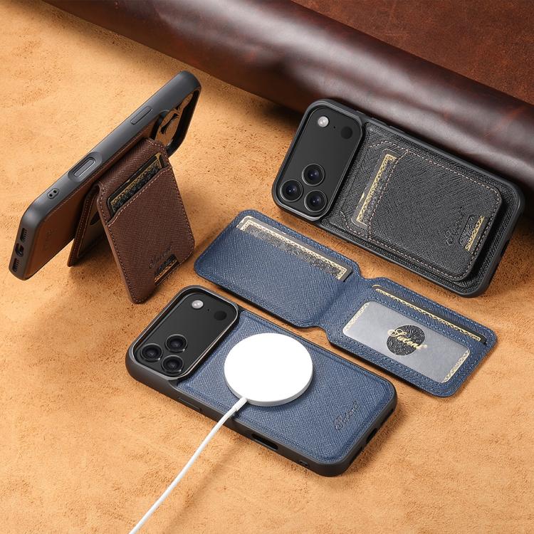 For iPhone 12 Pro Max Suteni H18 Cross Grain MagSafe Wallet Leather Phone Case(Black) by Suteni
