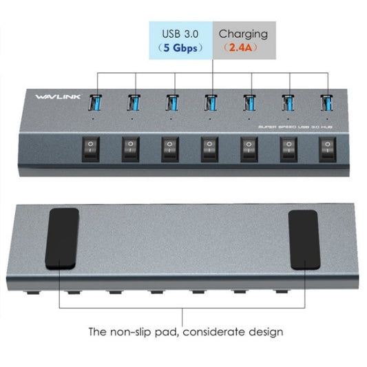 WAVLINK UH3076 5Gbps 7-port USB 3.0 Hub with Independent Switch and LED Indicator(UK Plug) by WAVLINK