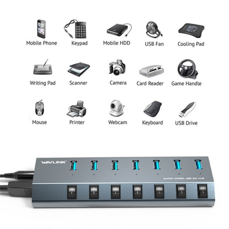 WAVLINK UH3076 5Gbps 7-port USB 3.0 Hub with Independent Switch and LED Indicator(AU Plug) - USB 3.0 HUB by WAVLINK | Online Shopping UK | buy2fix