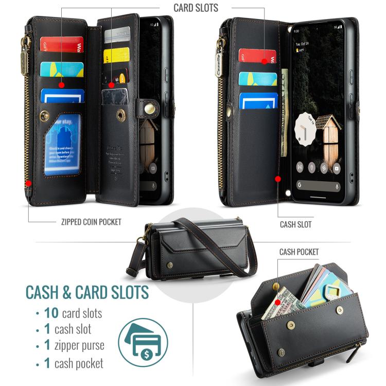 For Google Pixel 9a CaseMe C36 Card Slots Zipper Wallet RFID Anti-theft Leather Phone Case(Black) - Google Cases by CaseMe | Online Shopping UK | buy2fix