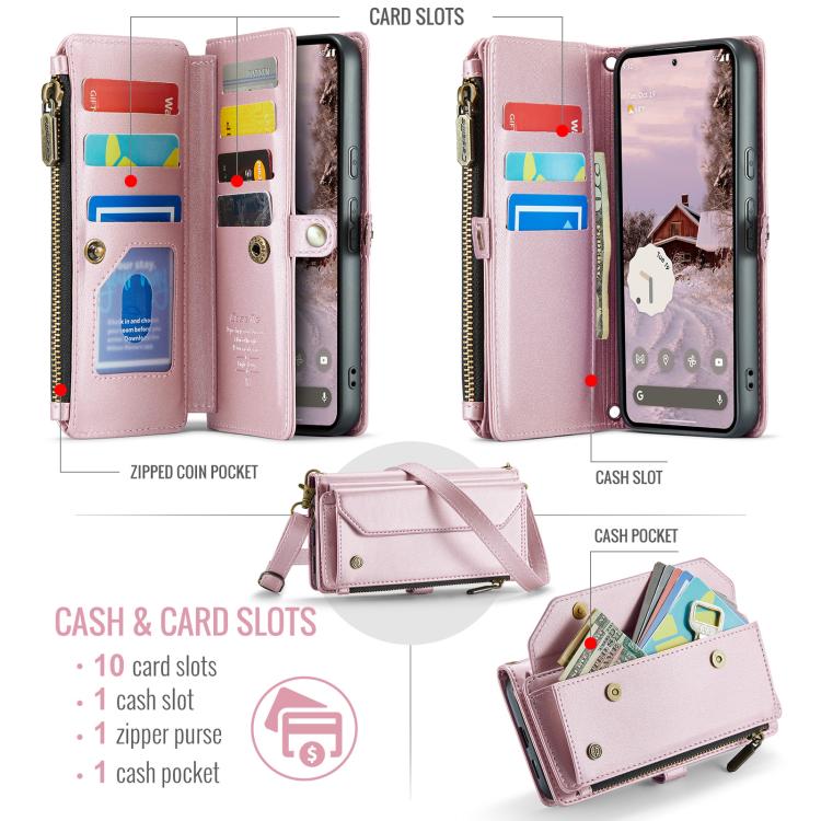 For Google Pixel 9a CaseMe C36 Card Slots Zipper Wallet RFID Anti-theft Leather Phone Case(Pink) - Google Cases by CaseMe | Online Shopping UK | buy2fix