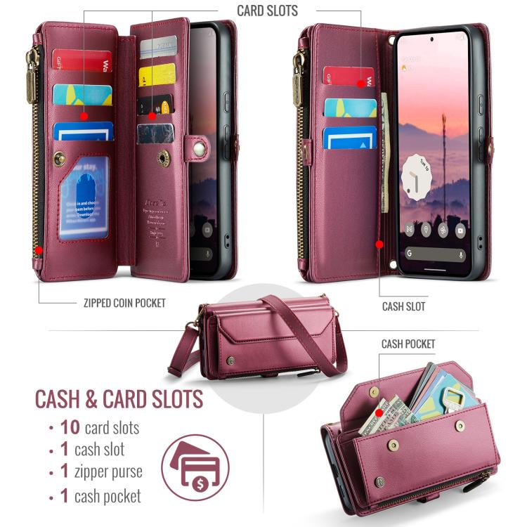 For Google Pixel 9a CaseMe C36 Card Slots Zipper Wallet RFID Anti-theft Leather Phone Case(Wine) - Google Cases by CaseMe | Online Shopping UK | buy2fix