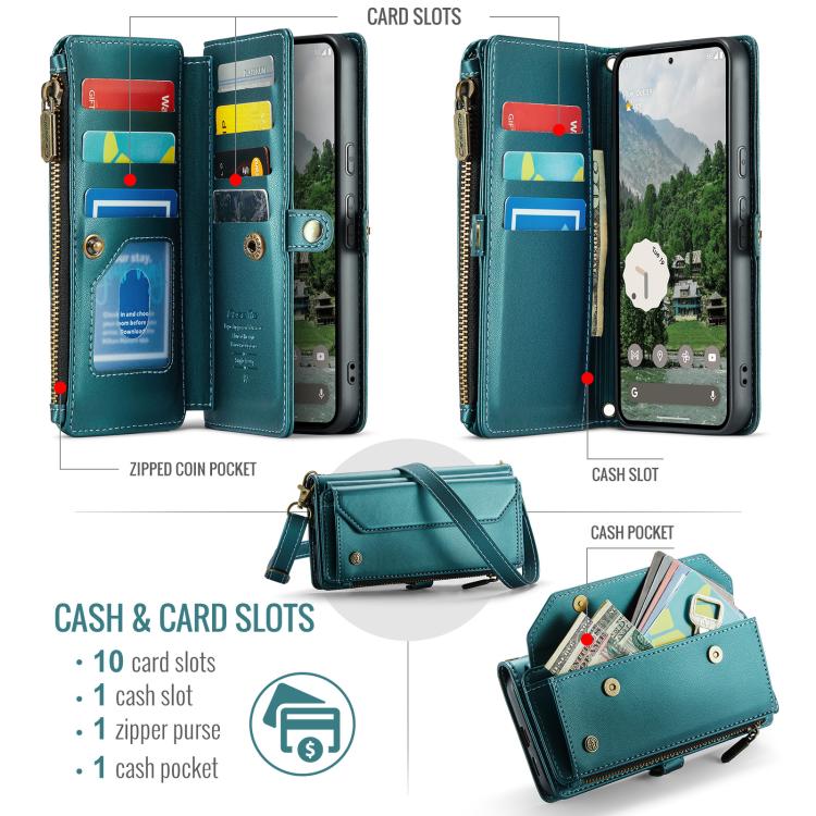 For Google Pixel 9a CaseMe C36 Card Slots Zipper Wallet RFID Anti-theft Leather Phone Case(Green) - Google Cases by CaseMe | Online Shopping UK | buy2fix